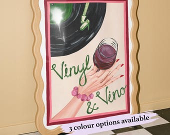 Vinyl and Vino Print | Retro Record Player Art | Colourful Bar Cart Decor