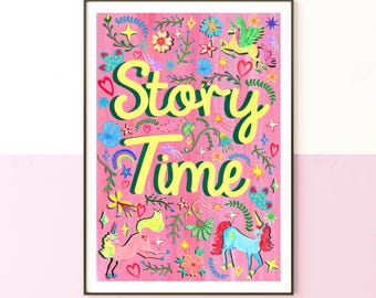 Pink Story Time Print – Unicorn Nursery Wall Art