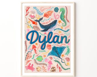 Nursery Name Print, Ocean Nursery Art, Framed Under the Sea Decor