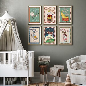May include: Six framed nursery rhyme prints. The prints feature illustrations of classic nursery rhymes such as "The Dish Ran Away with the Spoon," "Humpty Dumpty," and "Little Bo-Peep." The frames have a gold finish and are arranged on a gray wall.