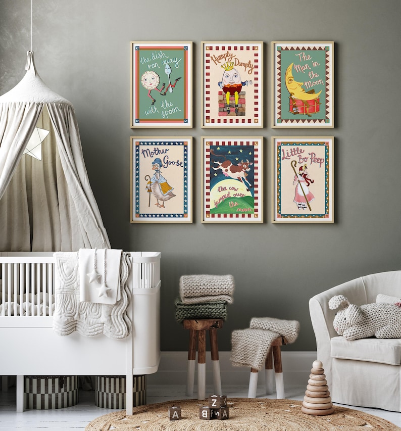 May include: Six framed nursery rhyme prints. The prints feature illustrations of classic nursery rhymes such as "The Dish Ran Away with the Spoon," "Humpty Dumpty," and "Little Bo-Peep." The frames have a gold finish and are arranged on a gray wall.