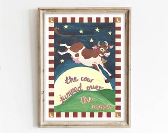 Cow Jumped Over the Moon Print – Hand-Painted Nursery Rhyme Illustration