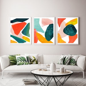 Large Abstract Print Set: Red, Green, Orange Wall Art