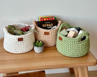 Cesta redonda de punto con asas, Cestas de crochet, Cesta de almacenamiento de algodón tejido