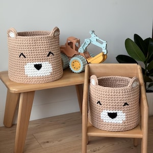 Crochet Bear Basket: Beige Cotton Nursery Decor