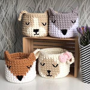 Handmade knitted baskets for a children’s bedroom, animal baskets