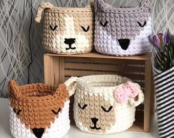 Handmade knitted baskets for a children’s bedroom, animal baskets