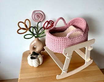 Crochet Doll Basket with Stand, Kids doll bassinet with hood, Christmas gift for a girl