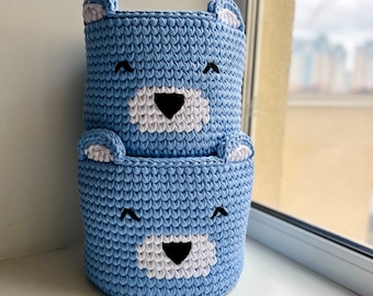 編みクマのバスケット：子供部屋用のコットン製おもちゃ収納