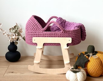 Hand-Knit Doll Bassinet with Stand: Cotton Crochet Toy Bed