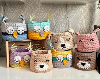 Handmade knitted baskets for a children’s bedroom, animal baskets