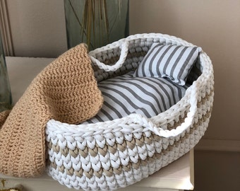 Hand-Knit Doll Bassinet: Hypoallergenic Cotton Yarn Crib with Pillow & Blanket