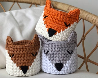 Crochet fox basket for a child bedroom, animal basket