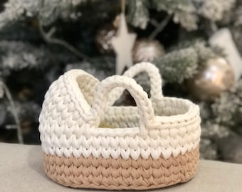 Hand-Knit Cotton Doll Bassinet: Includes Pillow & Blanket