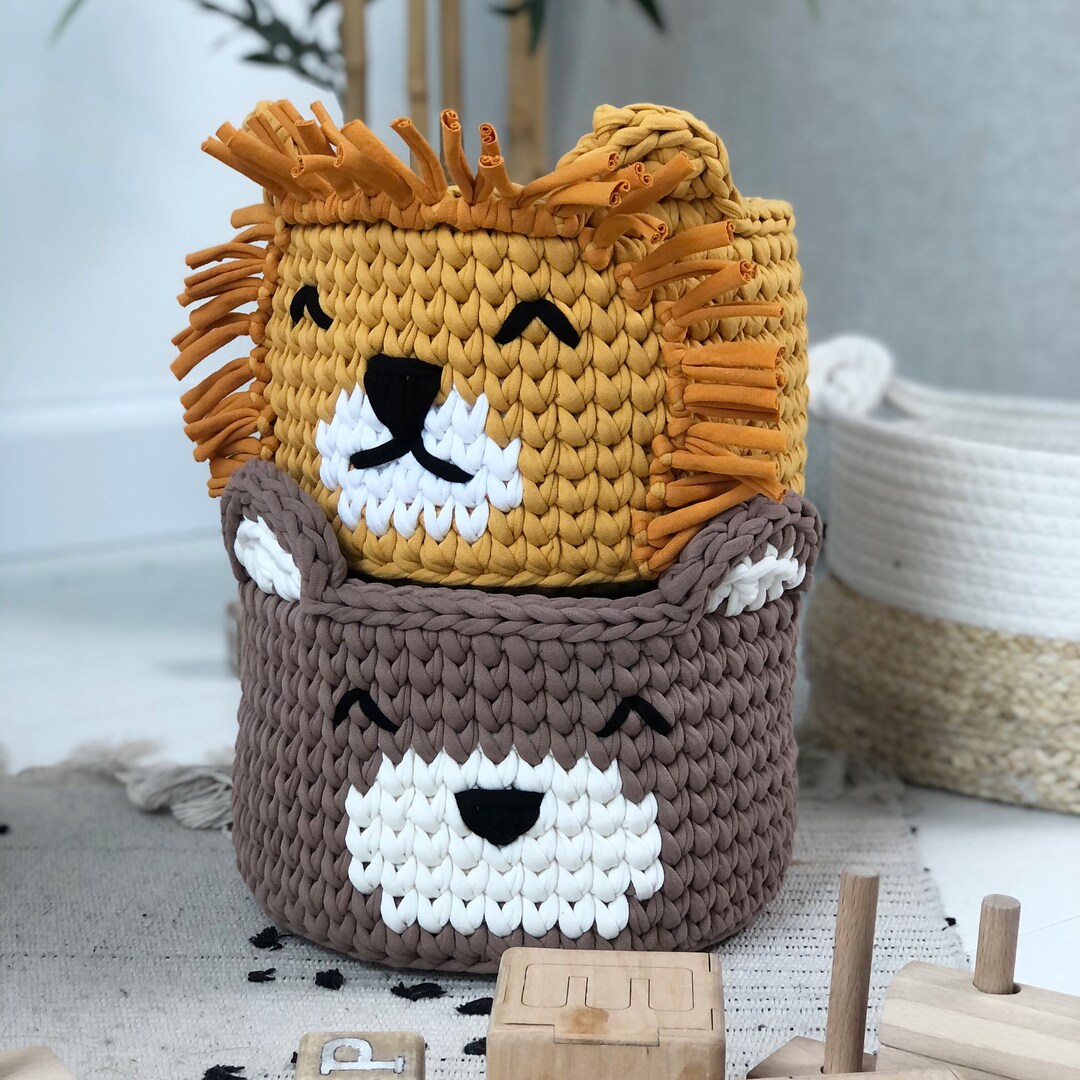 Knitted Animal Storage Basket, Knitted Baskets for Childrens Room, Lion