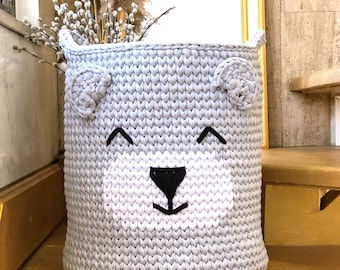 かぎ針編みのクマのバスケット（持ち手付き）、かぎ針編み収納ボックス、子供部屋の装飾