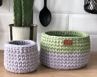 Cesta de almacenamiento de algodón de crochet: organizador para el hogar en dos tonos