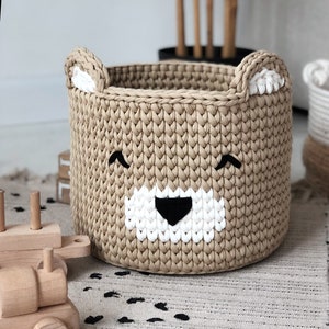Crochet Beige Bear Basket: Cotton Nursery Decor