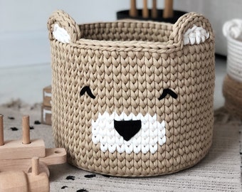 Beige Bear Basket, Crochet Basket, Bear Nursery Decor