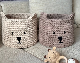 Beige Bear Basket, Crochet Basket, Bear Nursery Decor