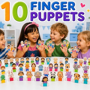 Peut inclure: Une collection de 110 marionnettes à doigts représentant divers personnages de dessins animés, animaux et personnes. Les marionnettes sont disposées sur une surface blanche avec des bases colorées. Le texte inclut 110 FINGER PUPPETS, INSTANT DOWNLOAD, HIGH RESOLUTION et HOURS OF FUN!
