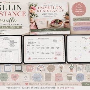 May include: An insulin resistance bundle featuring an 82-page ebook, a digital planner, and 100 bonus digital stickers. The display shows tablet screens with index, weekly planner, and May calendar pages, alongside various decorative digital stickers.