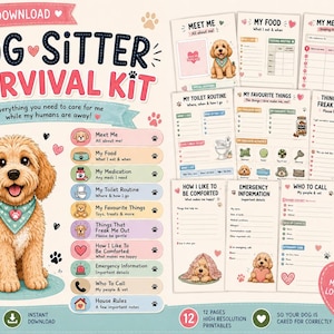 Peut inclure: Un kit de survie pour dog-sitter à imprimer avec l'illustration d'un chiot doré, comprenant 12 catégories de documents comme Meet Me, My Food, My Medication, My Toilet Routine, My Favourite Things, Things That Freak Me Out et House Rules.