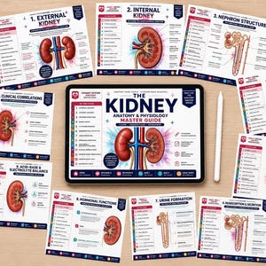 May include: A collection of ten educational anatomy study cards and a tablet screen displaying The Kidney Anatomy & Physiology Master Guide. The cards feature detailed diagrams of the kidney, nephron structure, and physiological processes.