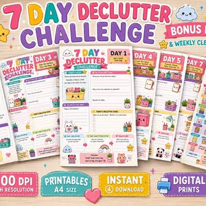 Planificador de 7 días para ordenar y despejar el hogar / Lista de verificación para la organización del hogar / Reto de limpieza imprimible / Planificador Kawaii en PDF / Descarga digital