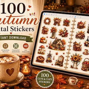 100 Cozy Autumn Digital Stickers | Cottagecore Planner Stickers | Goodnotes, Notability & PNG Fall Stickers | Instant Download