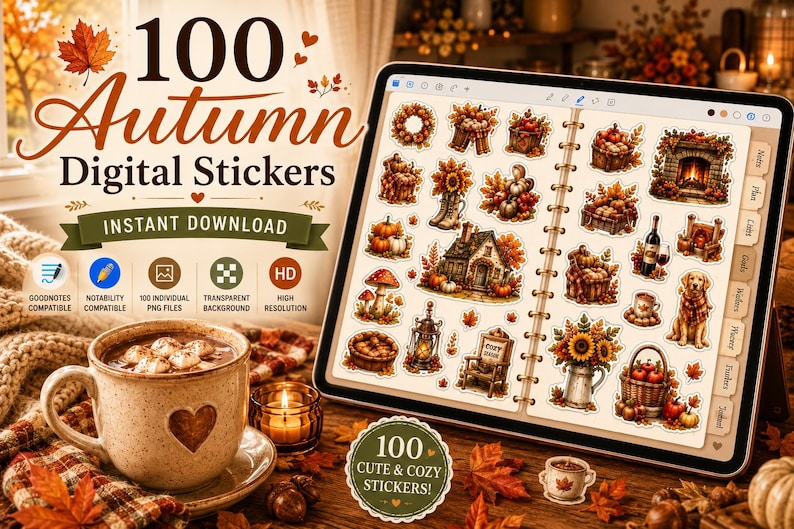 100 stickers numériques automne chaleureux | Stickers pour agenda style cottagecore | Stickers automne pour Goodnotes, Notability et PNG | Téléchargement instantané image 2