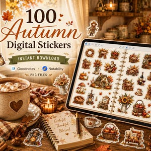 Peut inclure: Une tablette num&eacute;rique affichant une collection de 100 autocollants sur le th&egrave;me de l'automne, incluant des illustrations de citrouilles, tournesols, chalets douillets et lanternes. L'&eacute;cran pr&eacute;sente une mise en page avec des ic&ocirc;nes saisonni&egrave;res.