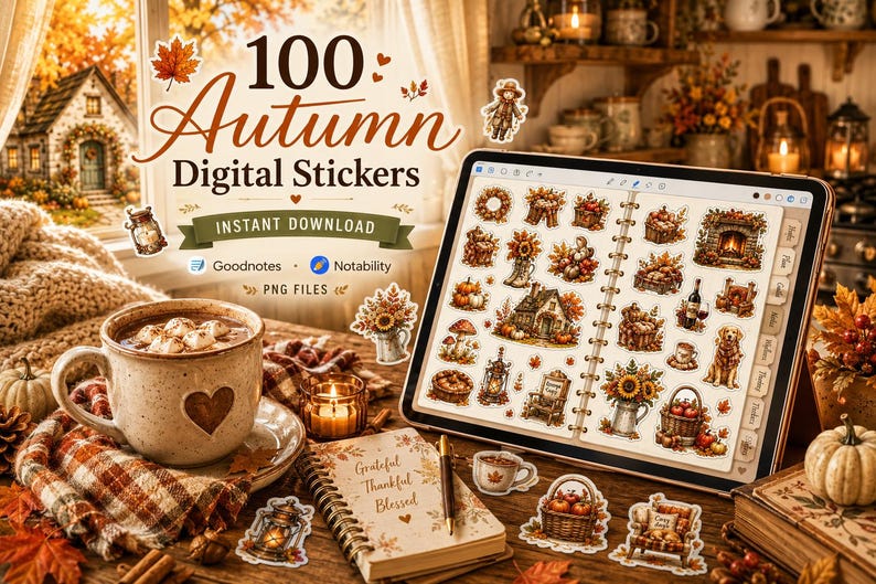 Peut inclure: Une tablette num&eacute;rique affichant une collection de 100 autocollants sur le th&egrave;me de l'automne, incluant des illustrations de citrouilles, tournesols, chalets douillets et lanternes. L'&eacute;cran pr&eacute;sente une mise en page avec des ic&ocirc;nes saisonni&egrave;res.