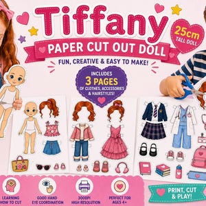 以下が含まれることがあります： ティファニーの紙製着せ替え人形キット。印刷可能な服、アクセサリー、髪型が3ページ分含まれています。高さ25cmの人形、ピンクのドレスや制服などの衣装、バックパック、聴診器、靴などの小物がセットになっています。