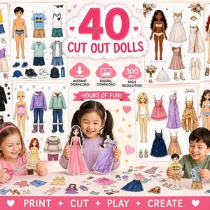 Könnte beinhalten: Eine digitale Sammlung von 40 Ausschneidepuppen mit verschiedenen Papierfiguren, diversen Kleidungssets und Zubehör. Die Bögen zeigen zahlreiche Outfits, darunter Kleider, Hemden, Hosen und Schuhe, mit dem Text 40 CUT OUT DOLLS.