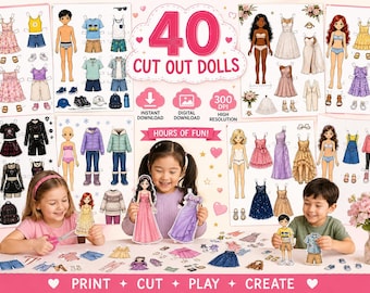 40 Paper Doll Bundle Printable PDF | Dress Up Dolls Activity Book | Instant Download | Cut & Play Craft | Kids Paper Dolls | 300 DPI