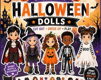 May include: A digital activity sheet titled 40 CUT OUT HALLOWEEN DOLLS featuring five illustrated characters in costumes including a vampire, witch, pumpkin, skeleton, and ghost. The purple background displays a haunted house, bats, and text.