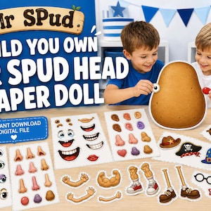 Puede incluir: Un set de muñeco de papel Mr. Spud para armar con una base grande en forma de patata y varias hojas de accesorios recortables que incluyen ojos, narices, bocas, orejas, brazos, piernas, sombreros y gafas. El texto dice Mr. Spud Build You Own Mr. Spud Head Paper Doll.