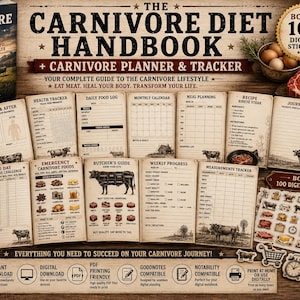 Può includere: Il Carnivore Diet Handbook and Planner include un libro, diverse pagine di monitoraggio stampate, una tazza con l'etichetta Bone Broth e fogli di adesivi digitali. Le pagine presentano sezioni per la pianificazione dei pasti e diari.