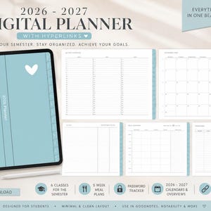 May include: A 2026-2027 digital planner displayed on a tablet screen with a light blue cover featuring a white heart. The layout includes various page templates such as a monthly calendar, daily schedule, meal planner, and password tracker.