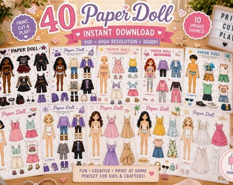 40 Papierpuppen Bundle Druckbare PDF | Anziehpuppen Aktivitätsbuch | Sofortdownload | Cut & Play Handwerk | Kinder Papierpuppen | 300 DPI