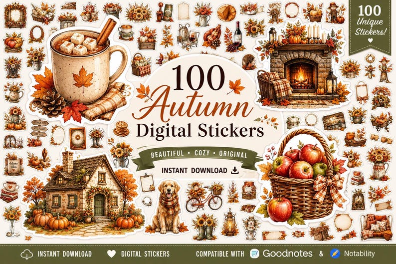 Peut inclure: Un ensemble de 100 autocollants num&eacute;riques sur le th&egrave;me de l'automne, illustrant une tasse avec des guimauves, une chemin&eacute;e, une maison avec des citrouilles, un panier de pommes, un chien et du feuillage, avec le texte 100 Autumn Digital Stickers.