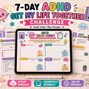 7日間ADHD生活改善チャレンジ | ADHDプランナー | Goodnotes & Notability対応 | 印刷可能なPDF | ブレインダンプ | デジタルダウンロード