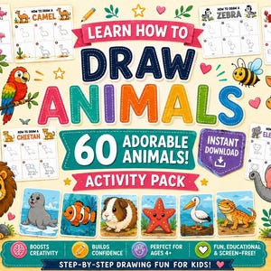 May include: A colourful activity pack titled Learn How To Draw Animals featuring 60 adorable animals. The design includes step-by-step drawing guides for a flamingo, camel, zebra, lobster, penguin, cheetah, and elephant, alongside illustrations of a lion, giraffe, and seal.