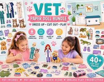 Printbare dierenarts speelset bundel, papieren poppen en huisdieren, dierenarts rollenspel, dieren verkleedaccessoires, digitale download voor kinderen
