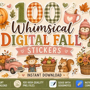 Puede incluir: Una colección de 100 pegatinas digitales de otoño con calabazas, un camión rosa, un espantapájaros, una ardilla, un búho, hojas, tazas y libros. El texto dice 100 Whimsical Digital Fall Stickers y hello FALL.