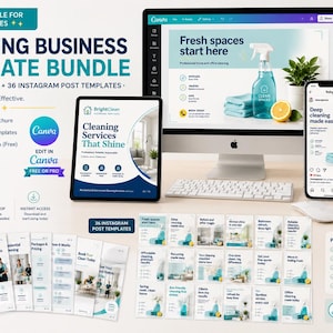 May include: A digital marketing template bundle for cleaning businesses featuring a 10-page brochure and 36 Instagram post templates. The display shows a computer monitor, tablet, and smartphone showcasing the editable Canva designs with blue and white branding.