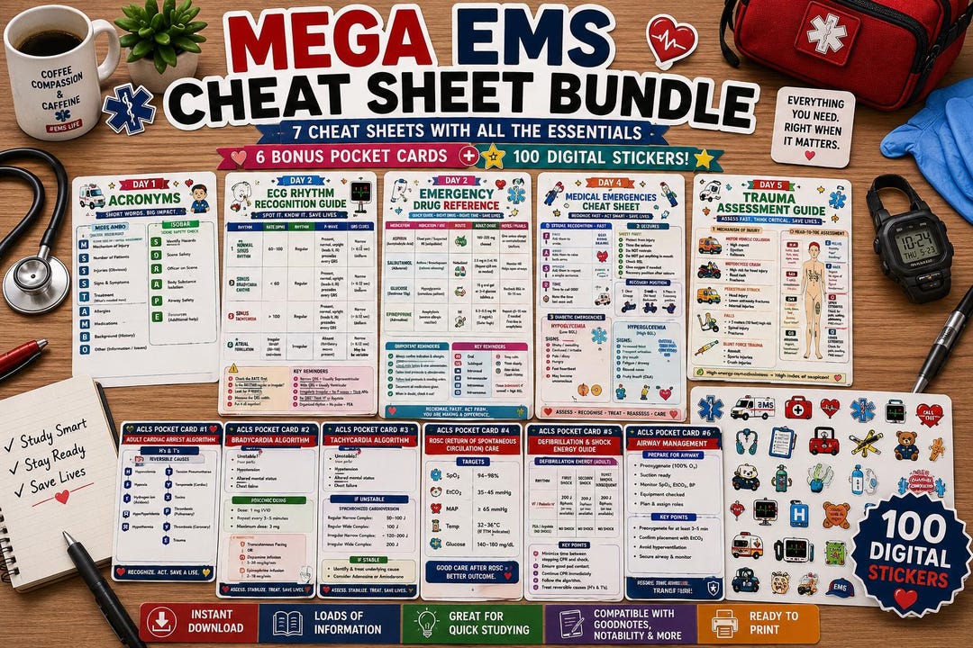 EMS Cheat Sheet Mega Bundle | Paramedic Study Guide | ECG Rhythm ...