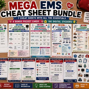 May include: A Mega EMS Cheat Sheet Bundle featuring seven reference cards, six bonus pocket cards, and 100 digital stickers. The cards contain medical information, ECG rhythm guides, drug references, and trauma assessment charts for emergency services.