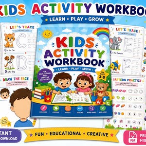 Kids Activity Workbook Printable | 40 Fun Learning Pages | ABC Letter Tracing, Numbers, Mazes, Coloring & Preschool Activities | Ages 3-8 |